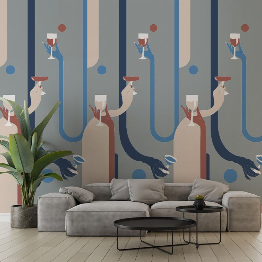 Tapet modern cu design abstract cu mâini care țin pahare de vin roșu și alb.