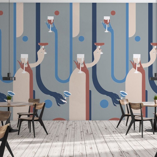 Tapet modern cu design abstract cu mâini care țin pahare de vin roșu și alb.