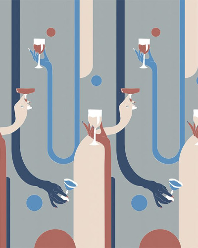Tapet modern cu design abstract cu mâini care țin pahare de vin roșu și alb.