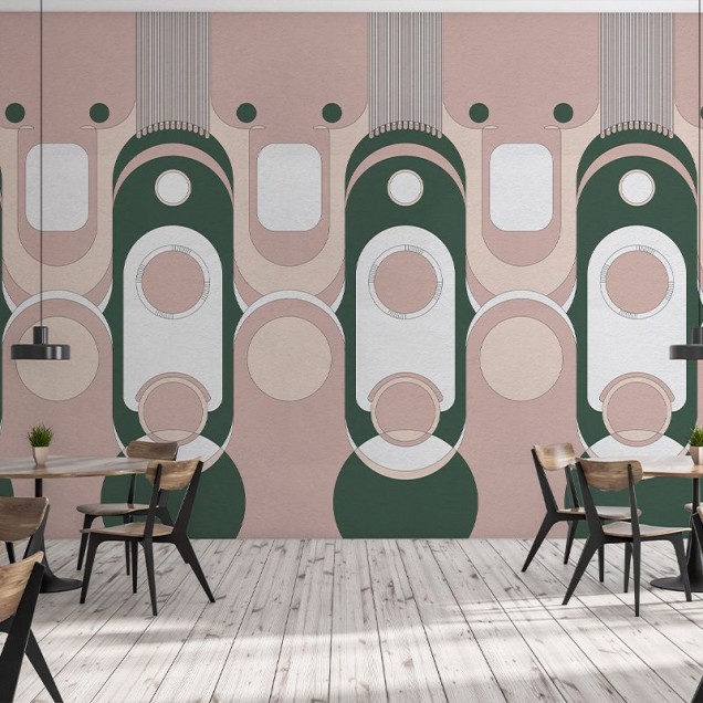 Tapet Le Veque Tower Pink cu design geometric, în nuanțe de roz pastelat și verde smarald