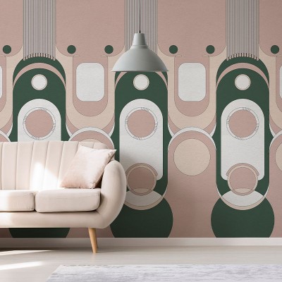 Tapet Le Veque Tower Pink cu design geometric, în nuanțe de roz pastelat și verde smarald