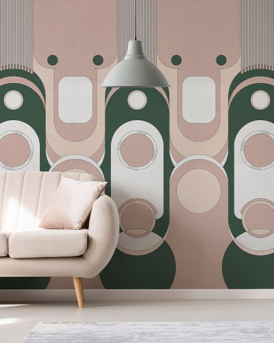 Tapet Le Veque Tower Pink cu design geometric, în nuanțe de roz pastelat și verde smarald