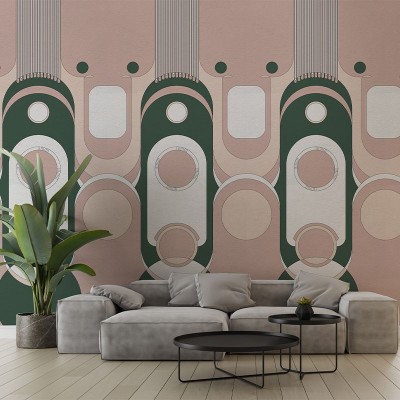 Tapet Le Veque Tower Pink cu design geometric, în nuanțe de roz pastelat și verde smarald