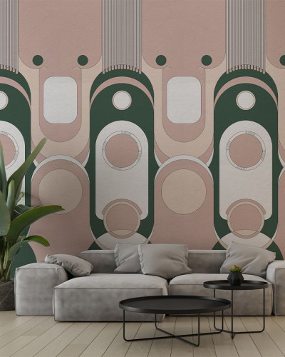Tapet Le Veque Tower Pink cu design geometric, în nuanțe de roz pastelat și verde smarald