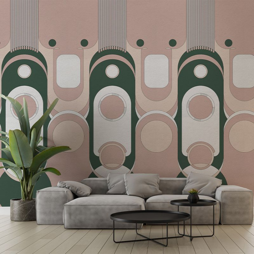 Tapet Le Veque Tower Pink cu design geometric, în nuanțe de roz pastelat și verde smarald