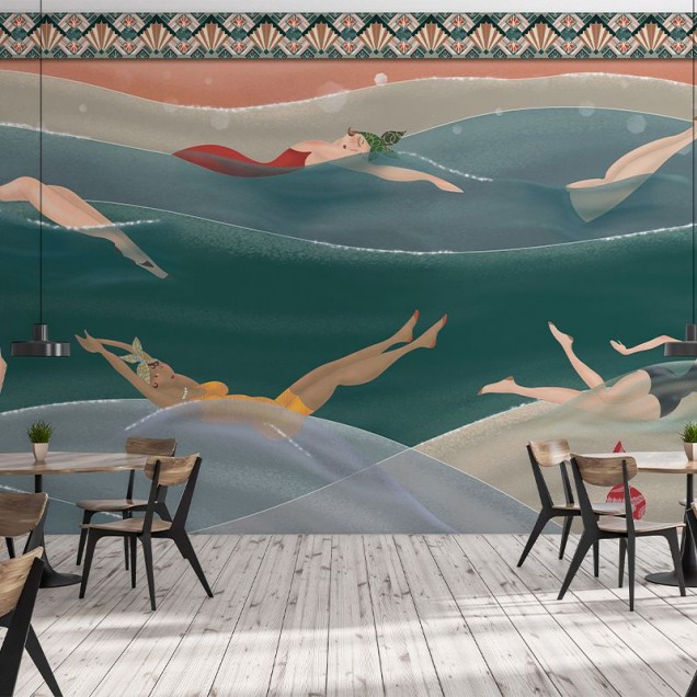 Tapet de baie cu design modern, Palais de Chaillot, prezintă femei elegante înotând prin valuri într-un cadru vibrant.