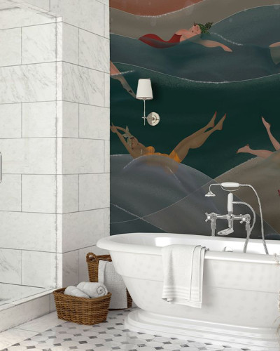 Tapet de baie cu design modern, Palais de Chaillot, prezintă femei elegante înotând prin valuri într-un cadru vibrant.