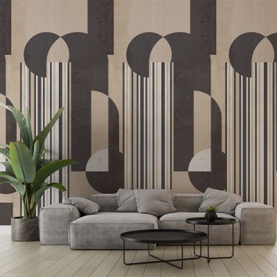 Tapet abstract cu design geometric, în nuanțe de maro și bej, cu linii verticale și forme geometrice