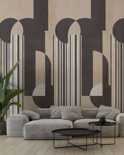 Tapet abstract cu design geometric, în nuanțe de maro și bej, cu linii verticale și forme geometrice