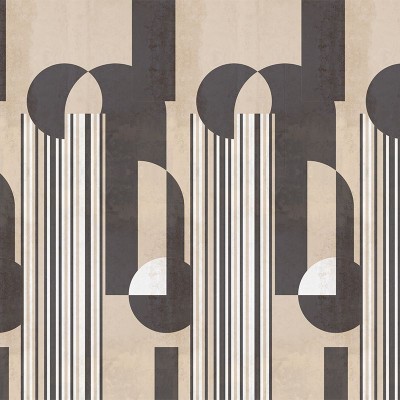 Tapet abstract cu design geometric, în nuanțe de maro și bej, cu linii verticale și forme geometrice