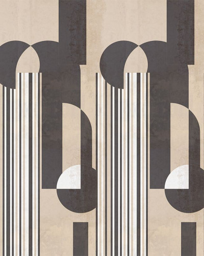 Tapet abstract cu design geometric, în nuanțe de maro și bej, cu linii verticale și forme geometrice