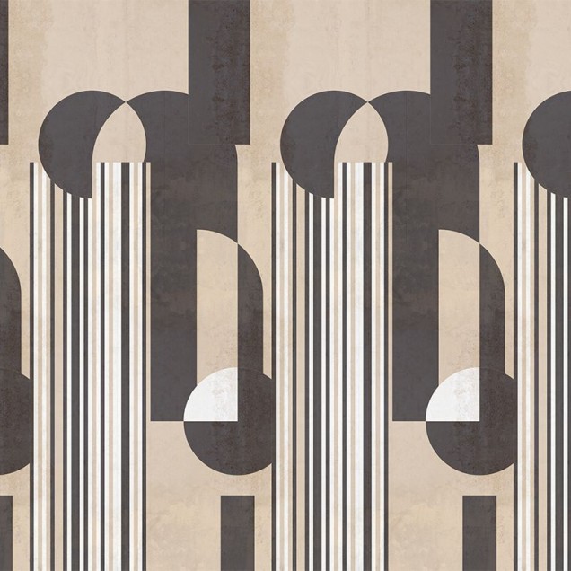 Tapet abstract cu design geometric, în nuanțe de maro și bej, cu linii verticale și forme geometrice