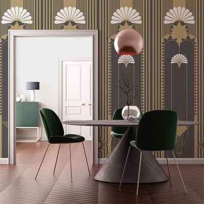 Tapetul Delano Brown cu model geometric auriu si negru