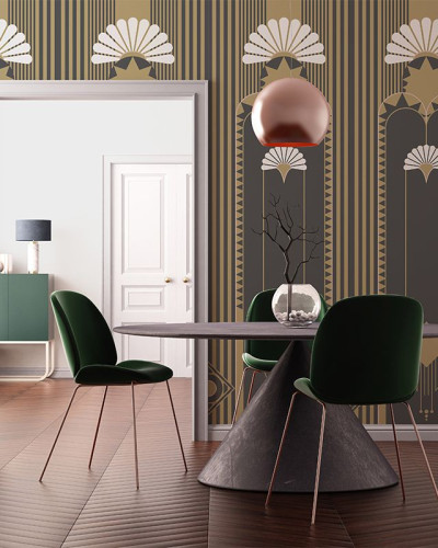 Tapetul Delano Brown cu model geometric auriu si negru