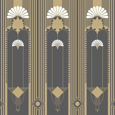 Tapetul Delano Brown cu model geometric auriu si negru