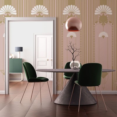 Tapet cu design geometric în tonuri de roz pudrat și auriu.