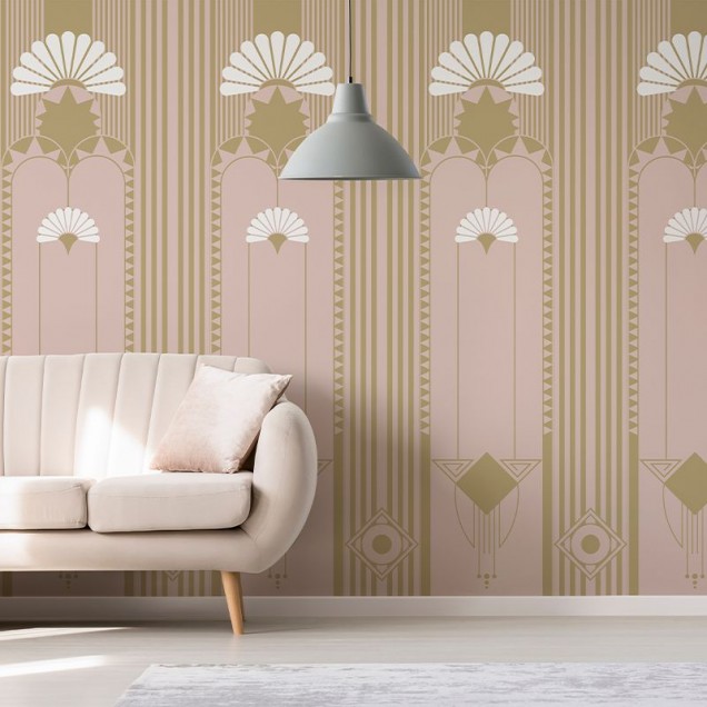 Tapet cu design geometric în tonuri de roz pudrat și auriu.