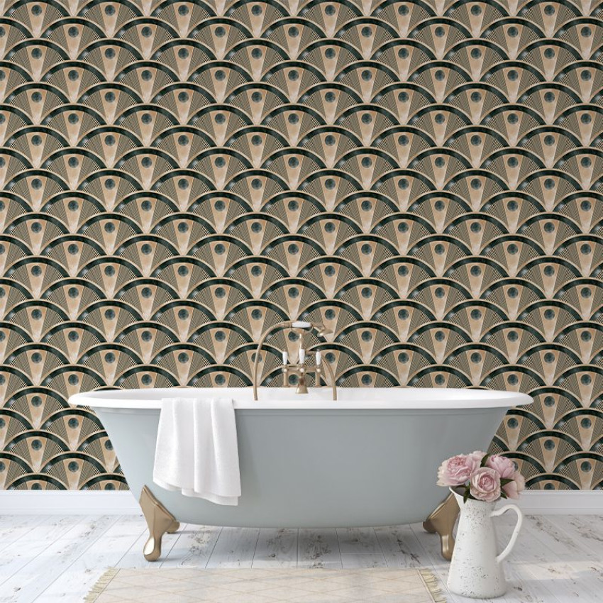 Tapet cu design geometric modern, arcuri intersectate, accente de auriu și verde