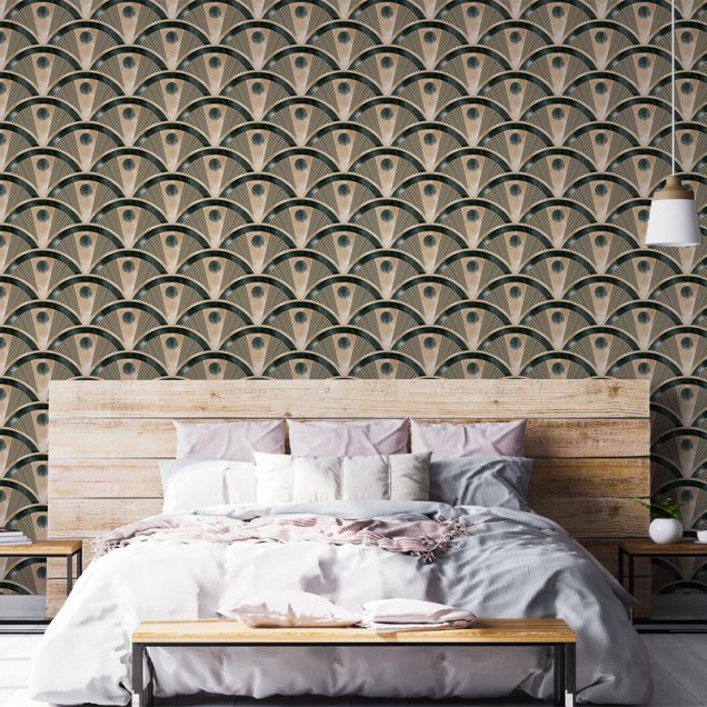 Tapet cu design Art Deco în tonuri de verde și auriu, perfect pentru a adăuga eleganță oricărei camere.