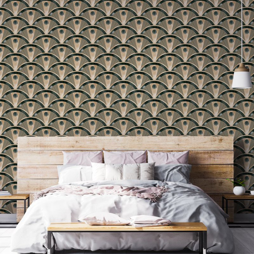 Tapet cu design geometric modern, arcuri intersectate, accente de auriu și verde