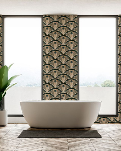 Tapet cu design Art Deco în tonuri de verde și auriu, perfect pentru a adăuga eleganță oricărei camere.