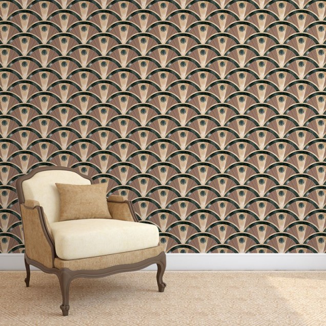 Tapet cu model geometric Art Deco, în nuanțe de roșu, auriu și verde.