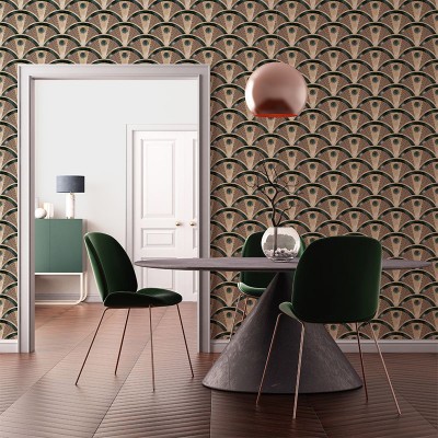 Tapet cu model geometric Art Deco, în nuanțe de roșu, auriu și verde.