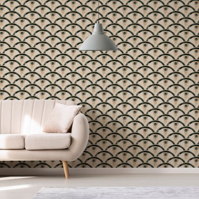 Tapet cu design geometric modern, arcuri intersectate, accente de auriu și verde