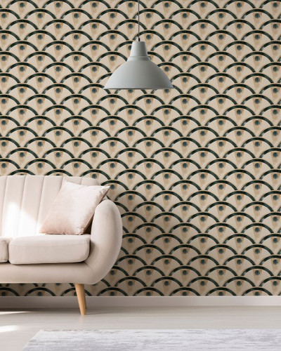 Tapet cu design geometric modern, arcuri intersectate, accente de auriu și verde
