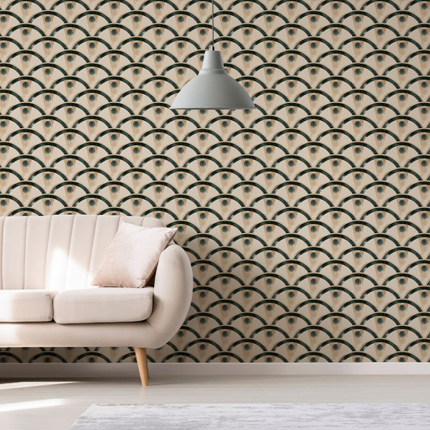 Tapet cu design geometric modern, arcuri intersectate, accente de auriu și verde