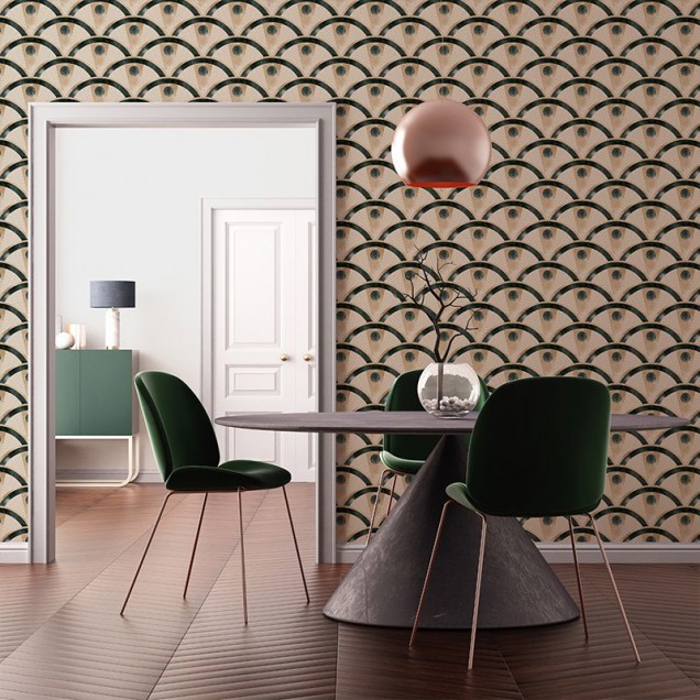 Tapet cu design geometric modern, arcuri intersectate, accente de auriu și verde