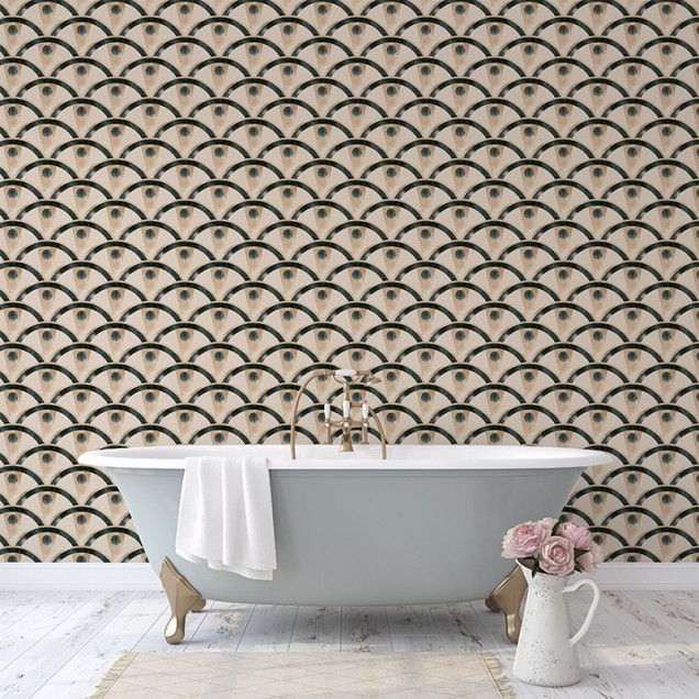 Tapet cu design geometric modern, arcuri intersectate, accente de auriu și verde