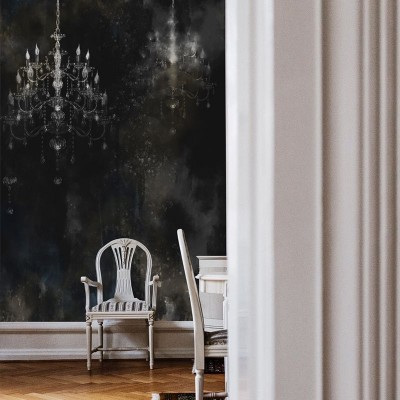 Tapet Chandelier Silver, o candelabru de cristal alb pe un fundal întunecat, cu accente de gri și auriu.