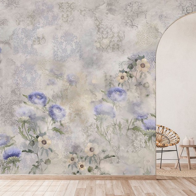 Tapet floral cu buchet de carline indigo într-un dormitor elegant