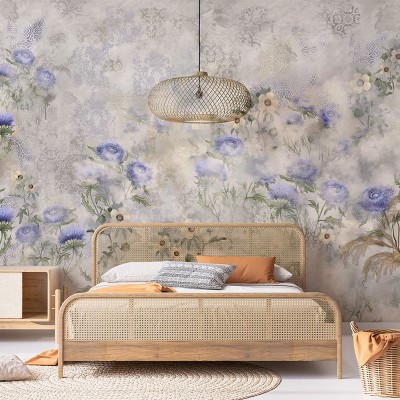 Tapet floral cu buchet de carline indigo într-un dormitor elegant