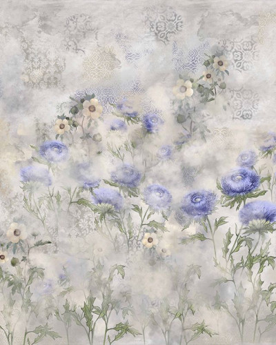 Tapet floral cu buchet de carline indigo într-un dormitor elegant