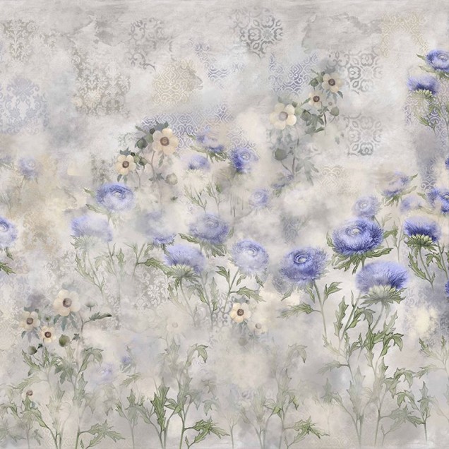 Tapet floral cu buchet de carline indigo într-un dormitor elegant