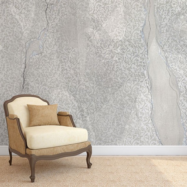 Tapet Nomadic wall grey, cu model floral subtil pe fundal gri cu aspect de beton crapat