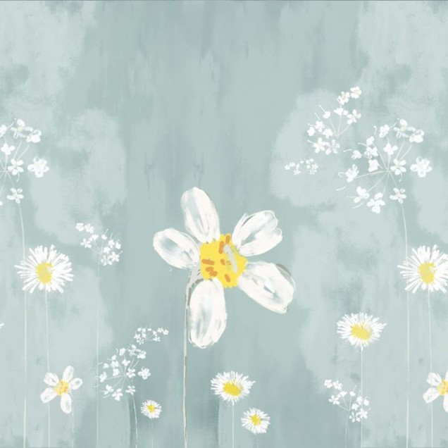 Tapet floral cu flori albe si fond bleu deschis