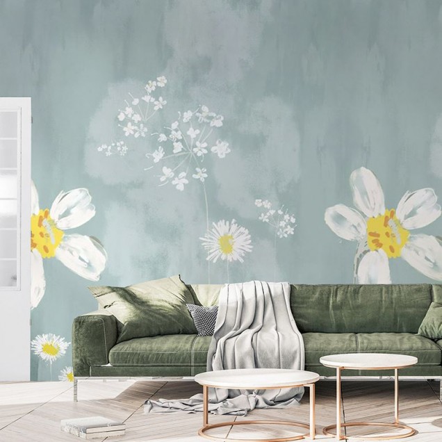 Tapet floral cu flori albe si fond bleu deschis