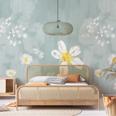 Tapet floral cu flori albe si fond bleu deschis