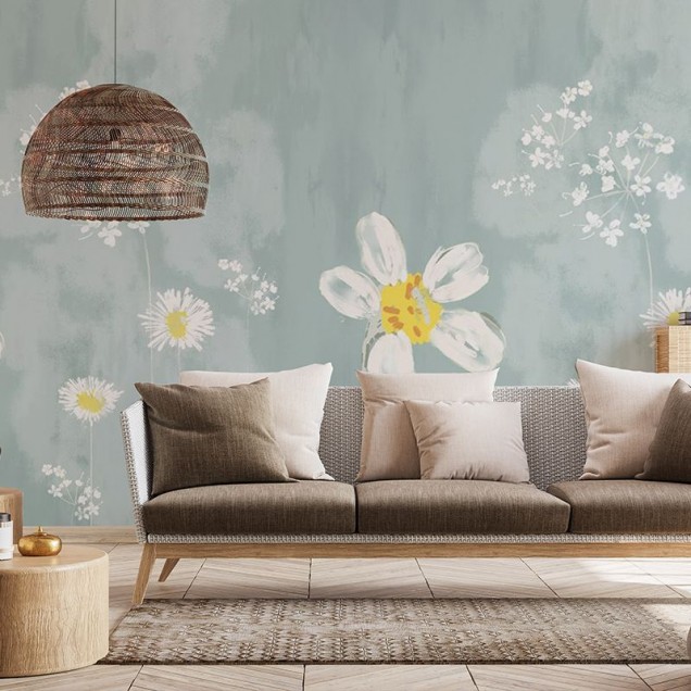 Tapet floral cu flori albe si fond bleu deschis