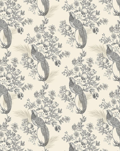Tapet cu model floral Pomegranate Garden in Grey, cu păsări, flori și rodii în tonuri de gri pe fond crem.