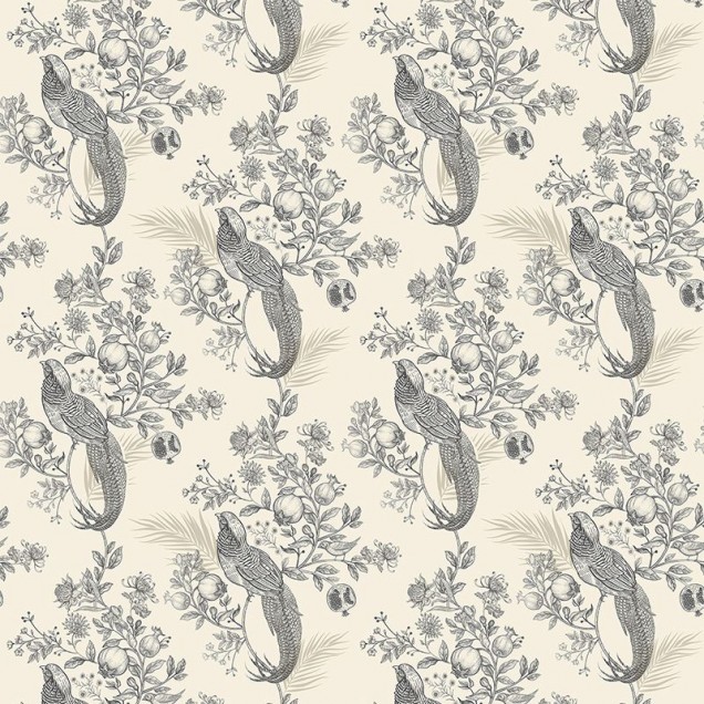 Tapet cu model floral Pomegranate Garden in Grey, cu păsări, flori și rodii în tonuri de gri pe fond crem.