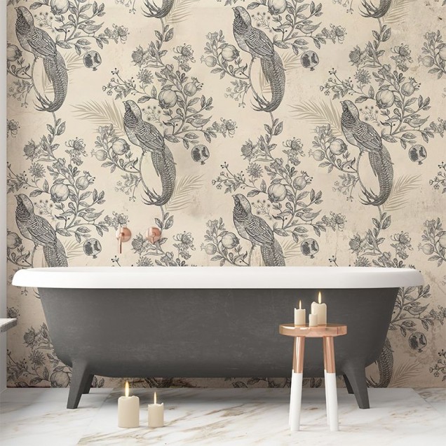Tapet cu model floral Pomegranate Garden in Grey, cu păsări, flori și rodii în tonuri de gri pe fond crem.