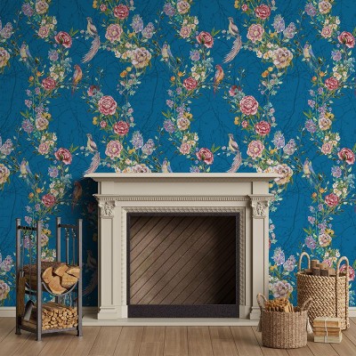 Tapet floral albastru cu flori delicate și păsări