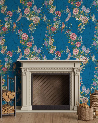 Tapet floral albastru cu flori delicate și păsări