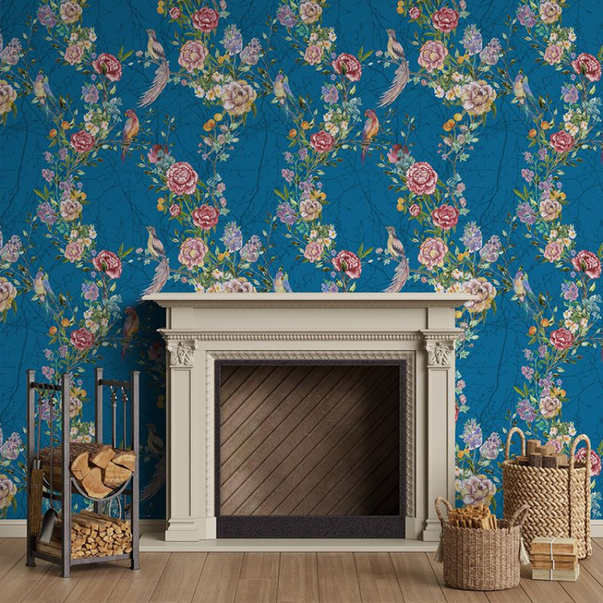Tapet floral albastru cu flori delicate și păsări