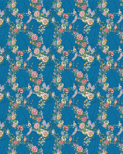 Tapet floral albastru cu flori delicate și păsări
