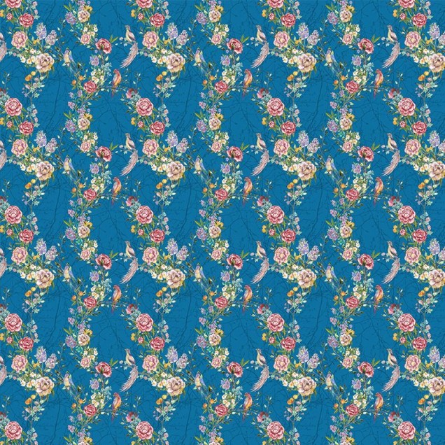 Tapet floral albastru cu flori delicate și păsări